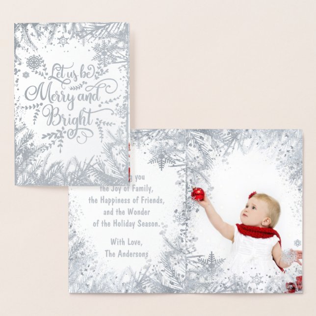Merry and Bright Silver Real Foil Typography Photo Foil Card (Display)