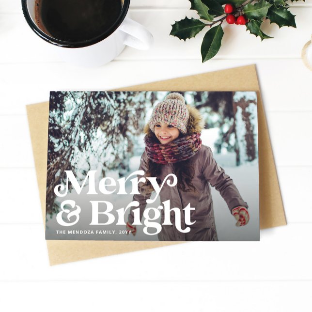 Merry and Bright simple fun retro photo Christmas Holiday Card (Creator Uploaded)