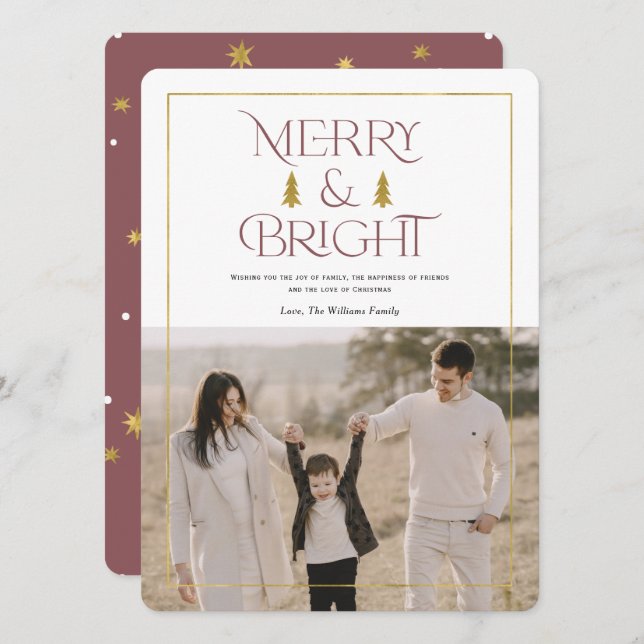 Merry and bright, simple modern dusty rose x'mas holiday card (Front/Back)