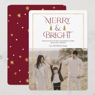 Merry and bright, simple modern red xmas photo holiday card