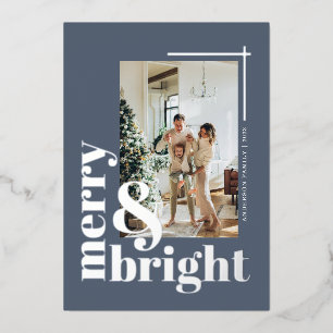 Merry and Bright Simple Photo Dusty Blue Foil Holiday Card
