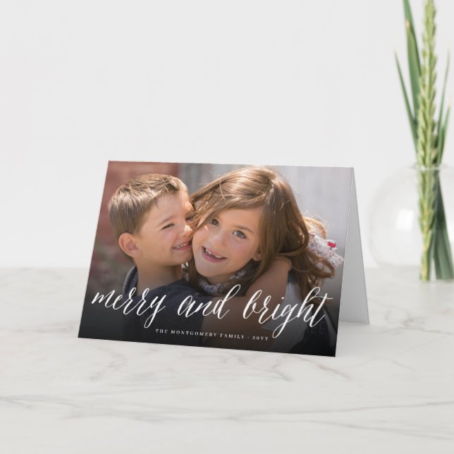 Merry and Bright Simple White Script Modern Photo Holiday Card (Front)