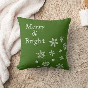Merry and Bright Snowflakes Green Christmas   Throw Pillow