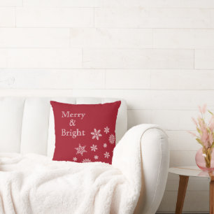 Merry and Bright Snowflakes Red Christmas  Throw Pillow