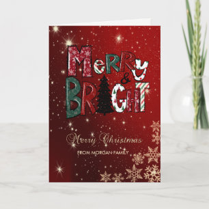 Merry and Bright,Snowflakes Red Holiday Card