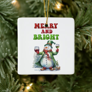 Merry and Bright Snowman  Ceramic Ornament