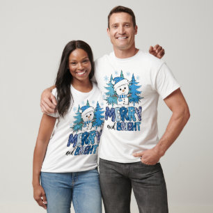 Merry and Bright Snowman Christmas Trees Holiday T-Shirt