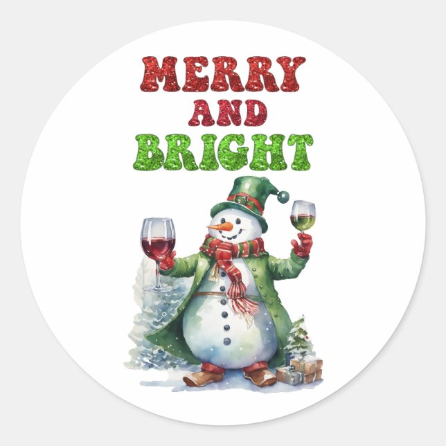 Merry and Bright Snowman  Classic Round Sticker (Front)