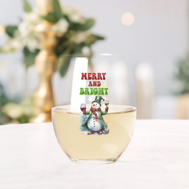 Merry and Bright Snowman  Stemless Wine Glass (Insitu (Wedding))