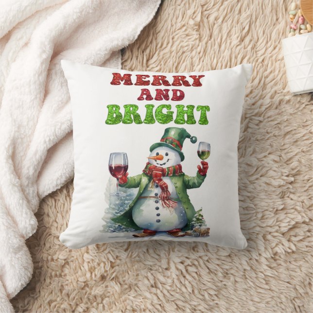 Merry and Bright Snowman  Throw Pillow (Blanket)