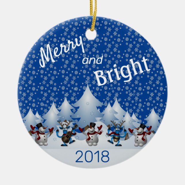 Merry and Bright Snowmen Ceramic Ornament (Front)