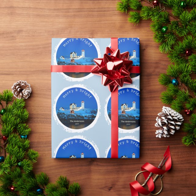 Merry and Bright Snowy Nubble Lighthouse Christmas Wrapping Paper (Holiday Gift)