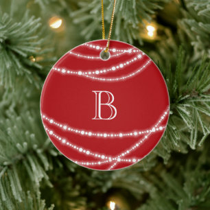 Merry And Bright Sparkles Monogram Christmas Photo Ceramic Ornament
