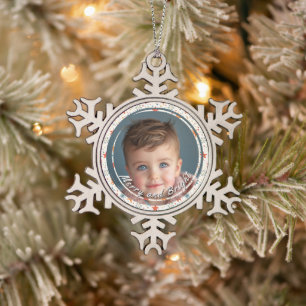Merry and Bright Stars Custom Child Photo Snowflake Pewter Christmas Ornament
