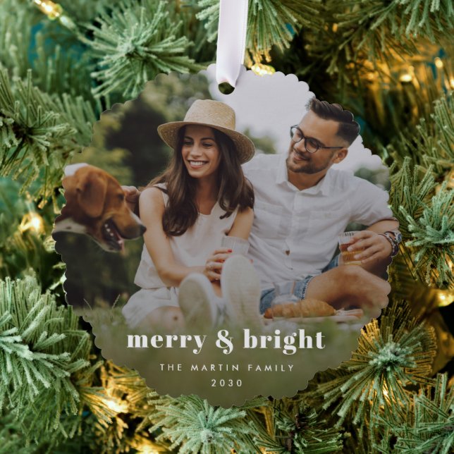 Merry and Bright | Stylish Modern Photo Xmas Ornament Card (Insitu (Tree))