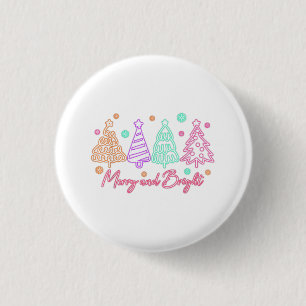 Merry and Bright Tree Neon Christmas 1 Inch Round Button