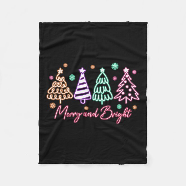 Merry And Bright Tree Neon Christmas  Fleece Blanket (Front)