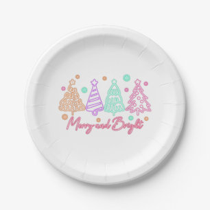 Merry and Bright Tree Neon Christmas Paper Plate