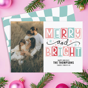 Merry And Bright Trendy Vintage Retro Family Photo Holiday Card