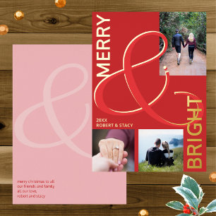 Merry And Bright Typography 3 Photo Red Gold Foil Holiday Card
