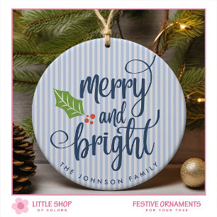 Merry and Bright Typography Customizable Photo  Ceramic Ornament