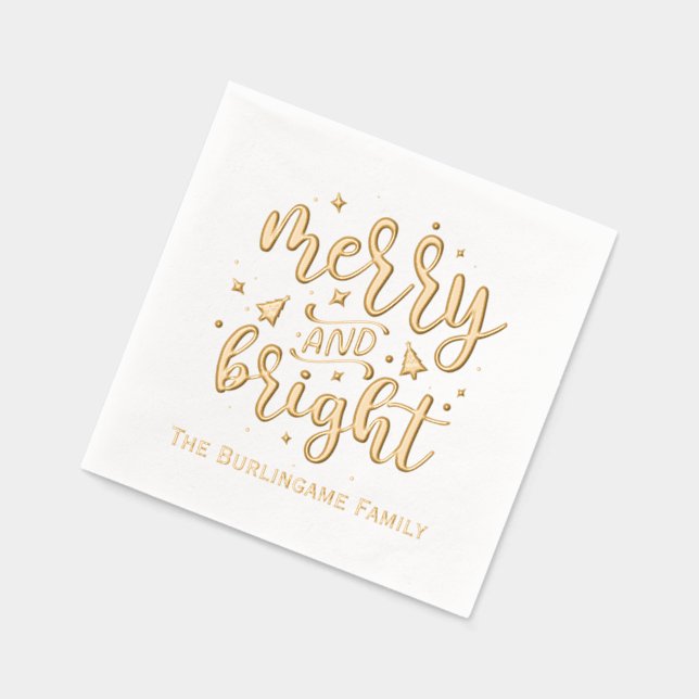 Merry and Bright Typography Family Name Foil Napkins (Left)