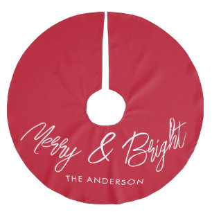 Merry and Bright Typography Script Red  Brushed Polyester Tree Skirt