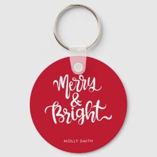 Merry and Bright Typography Script Red & White Keychain