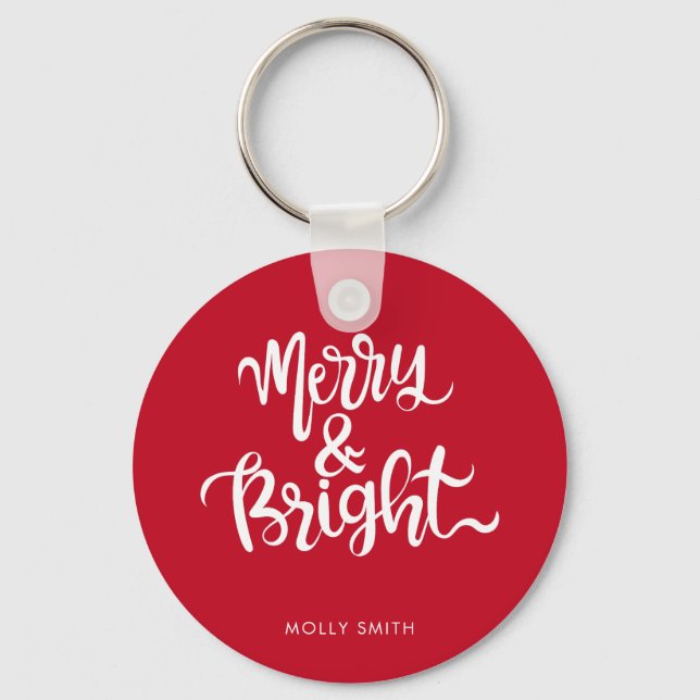 Merry and Bright Typography Script Red & White  Keychain (Front)