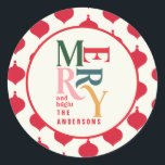 Merry and bright vintage colourful Christmas famil Classic Round Sticker<br><div class="desc">Colourful vintage graphic typography merry chritsmas sticker. Part of a bold fun holiday collection.</div>