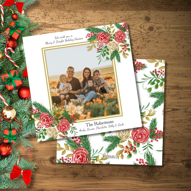 Merry and Bright Watercolor Floral Family Photo  Holiday Card (Creator Uploaded)