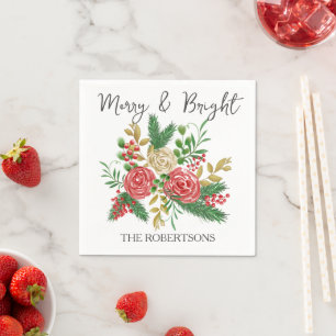 Merry and Bright Watercolor Roses Custom Holiday Napkin