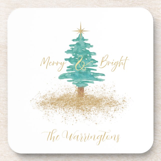 "Merry and Bright" Watercolor Tree Coaster (Front)