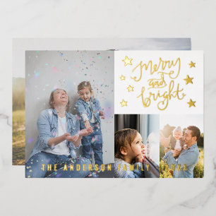 Merry and Bright White Personalized 4 Photo Gold Foil Holiday Card