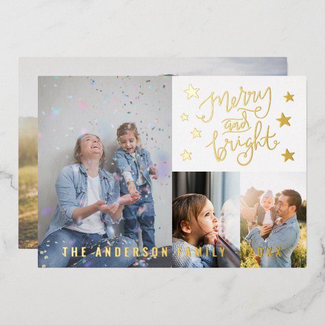 Merry and Bright White Personalized 4 Photo Gold Foil Holiday Card (Front/Back)