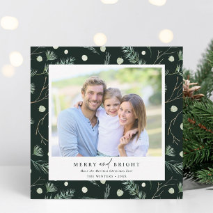 Merry and Bright Winter Greenery Photo Square  Holiday Card