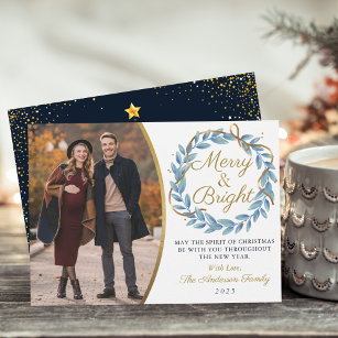 Merry and Bright Winter Wreath Gold Glitter Photo Holiday Card