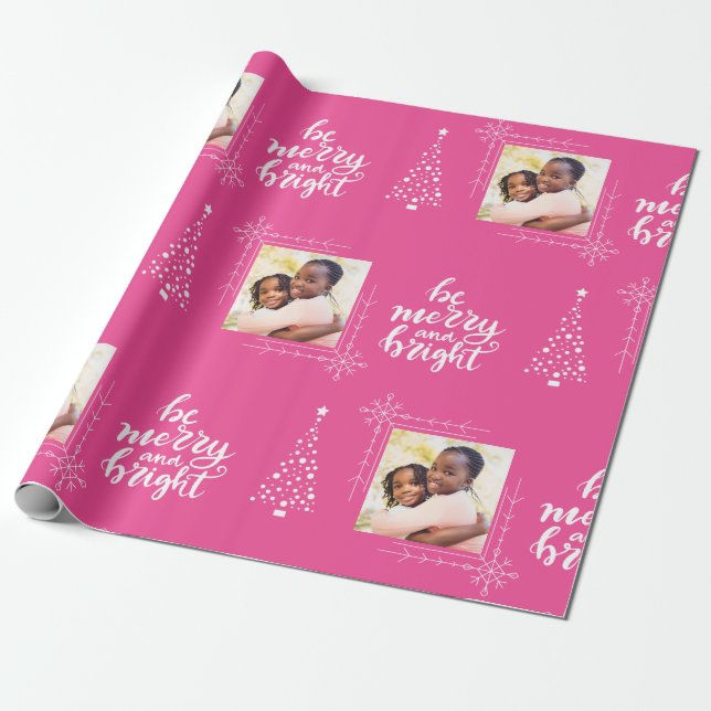 Merry And Bright With One Photo Pink Christmas Wrapping Paper (Unrolled)