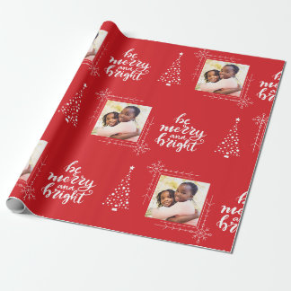Merry And Bright With One Photo Red Christmas Wrapping Paper