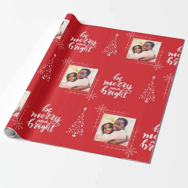 Merry And Bright With One Photo Red Christmas Wrapping Paper (Unrolled)