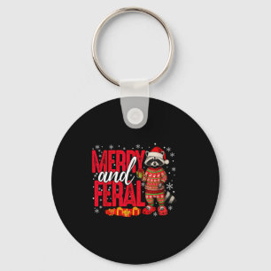 Merry And Christmas Feral Funny Raccoon Santa Hat  Keychain