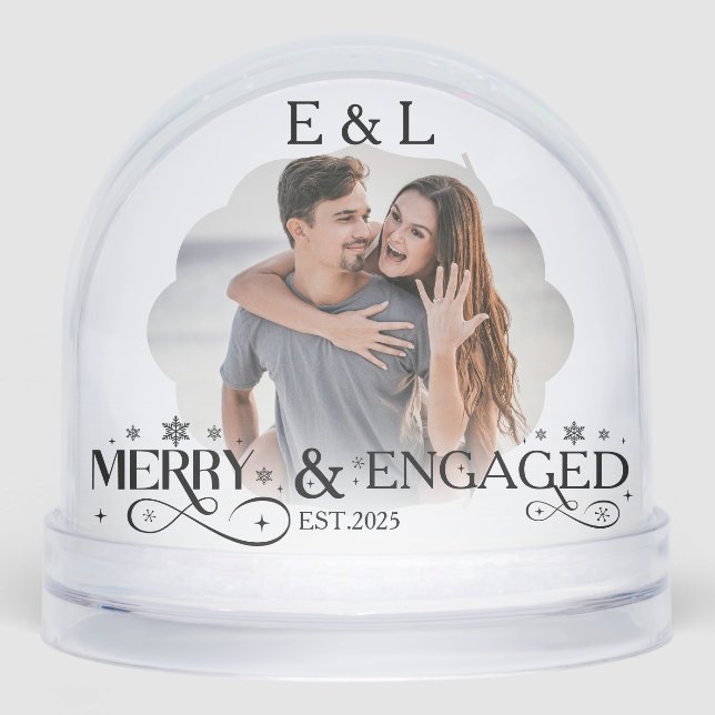 Merry and Engaged Couple Photo Holly Script Snowglobe (Front)