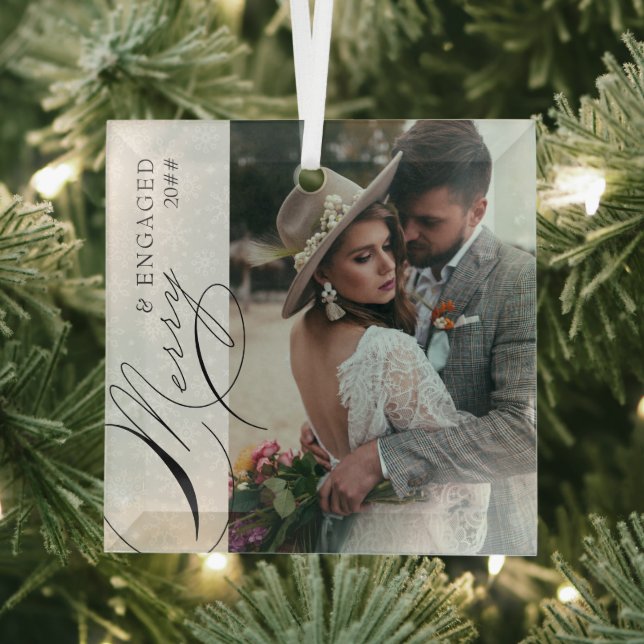 Merry and Engaged Script Vertical Photo Snowflake Glass Ornament (Insitu)