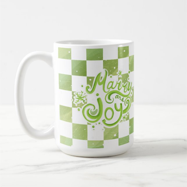 Merry and Joy Green Checkered Holiday Mug (Left)