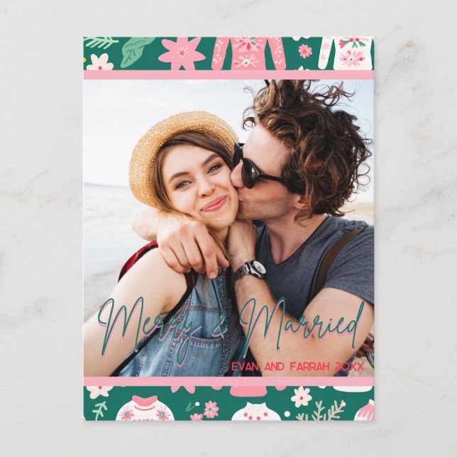 Merry and Married 1st Year Married Christmas Photo Postcard (Front)