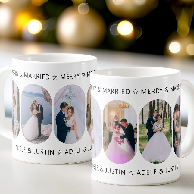Merry and Married 6 Rounded Lozenge Photo Coffee Mug (Merry & Married 6 Photo First Christmas Married Mug from my Rounded Lozenge Photo Collage collection)