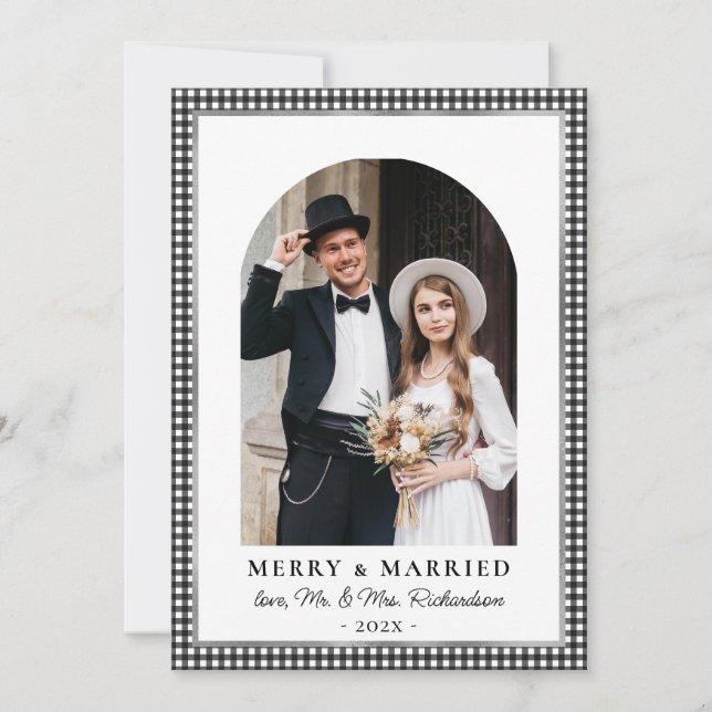 Merry and Married Arch Photo Black White Plaid  Holiday Card (Front)