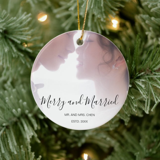 Merry and Married Black and White Newlywed Elegant Ceramic Ornament (Tree)