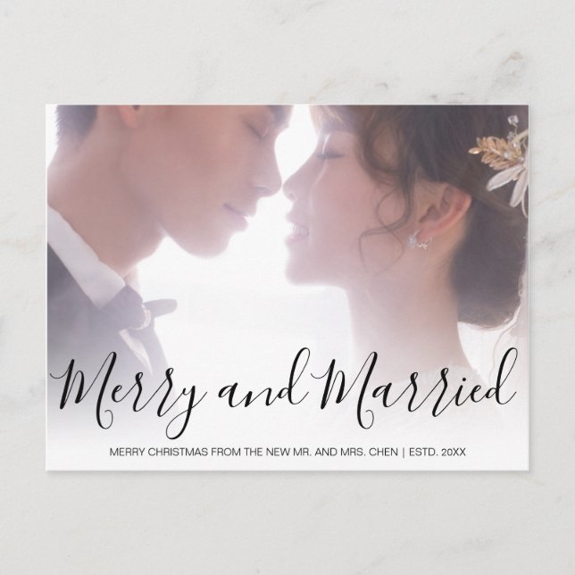 Merry and Married Black and White Newlywed Elegant Holiday Postcard (Front)