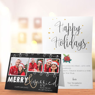 Merry And Married Black White 3 Photos Christmas Holiday Card